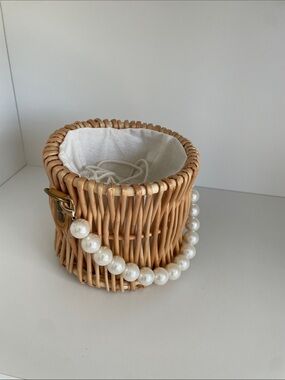 Woven Rattan Mini Bag with Pearl Strap - Natural